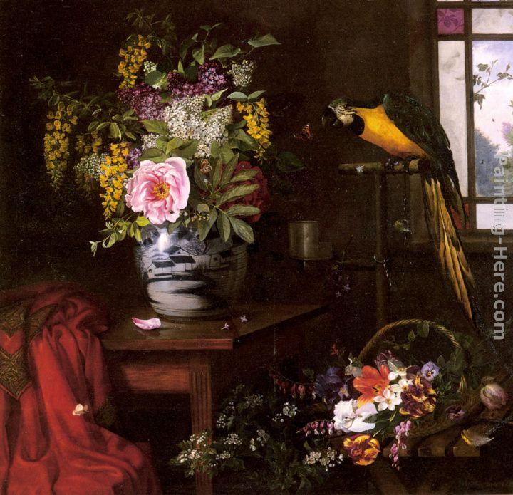 Olaf August Hermansen A Still Life With A Vase, Basket And Parrot